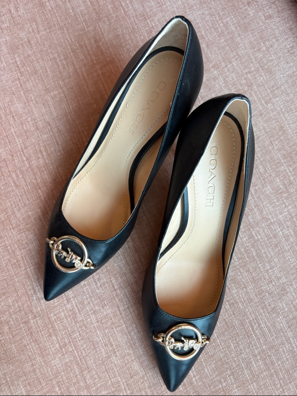 Coach Black Pointed-Toe Leather Heels with Gold Logo Ring